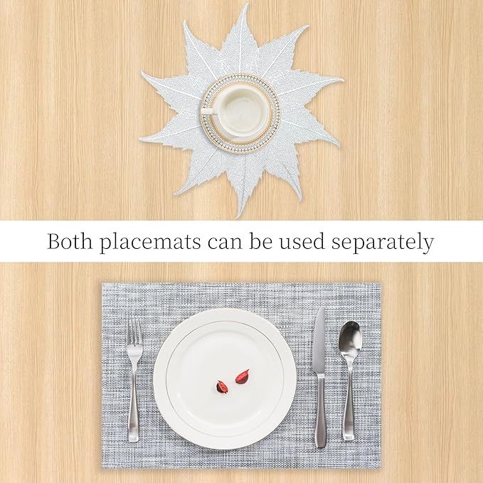 BACKTOEDEN Placemats Set of 4 Heat Resistant Washable Wipeable Placemats Woven Non-Slip Foldable Vinyl/Plastic Placemat Indoor/Outdoor Place Mats Kitchen Dining Table Mats, Silver Maple Leaf & Gray