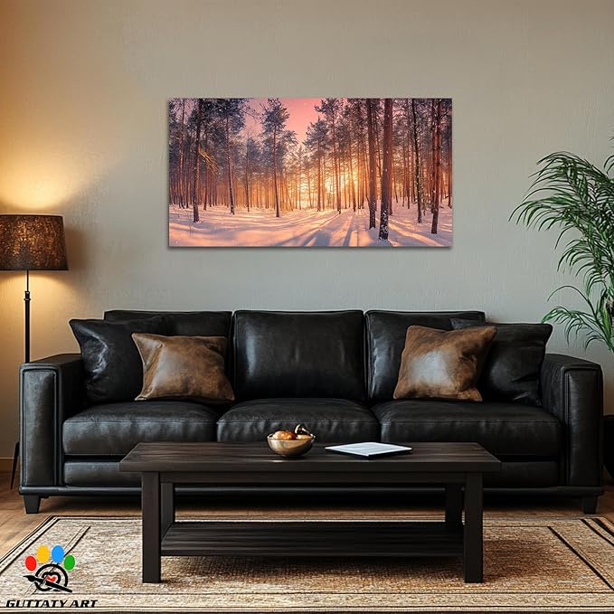 GUTTATY Christmas Winter Scene Canvas Wall Art, Snowy Forest Canvas Prints, Tranquil Sunrise Pine Forest Wall Hanging Artwork, Nature Landscape Poster for Living Room, Bedroom, 24x12 Inch