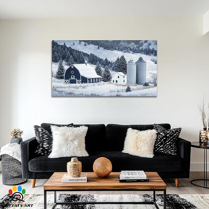 GUTTATY Christmas Winter Scene Canvas Wall Art, Barn Snow Farm Landscape Canvas Prints, Holiday Pictures Artwork, Blue White Country Wall Decor Poster for Living Room, Bedroom, Farmhouse, 32x16 Inch