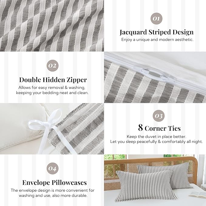 MILDLY Jacquard Stripe Duvet Cover - 100% Washed Cotton Boho Textured Comforter Cover 3pcs with Zipper Closure 90"x90"