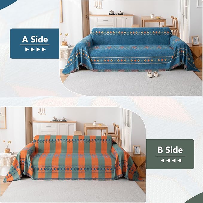 DREAMINGO Blue Boho Couch Cover Geometric Jacquard Sofa Covers for 2 Cushion Couch Loveseat Couch Cover for Pets Dogs Vintage Chenille Sofa Cover Blanket Furniture Protector Throw Slipcover,71"x118"