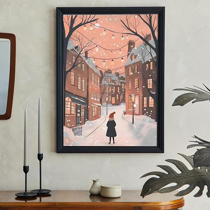 OZCONO Cozy Winter Cityscape Wall Art for Seasonal Home Decor, Christmas Street Scene Artwork, Warm Holiday Village Print, Soft Snowy Evening Illustration (Unframed) (11x14)