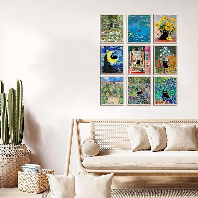 Funny Black Cat Poster Set of 9, Vintage Monet Matisse Van Gogh Black Cat Wall Art Prints, Retro Black Cats in Famous Paintings Posters Prints, Cute Colorful Cats Aesthetic Pictures Wall Decor for Bathroom Bedroom Dorm Home Decor (8x10 UNFRAMED)