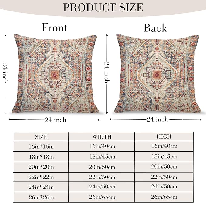 Boho Throw Pillow Covers 24x24 inch Set of 2,Boho Vintage Carpet Pattern Antique Ethnic Decor Double Sided Pattern Cushion Cover Soft Pillow Case Living Sofa Room Bed Square Pillow Cover