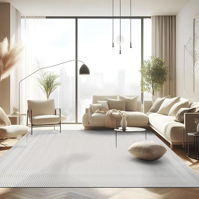 CAMILSON Micro Loop Rug 8x10 Modern Luxury Bordered Area Rugs Soft High and Low Pile Stain Resistant Easy-Cleaning Non-Shedding for Living Room Office Indoor Carpet (8 x 10 / White)
