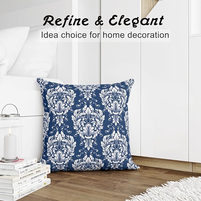 LOVOUS Navy Blue and White Damask Throw Pillow Covers 18x18 Inch Set of 2, Vintage Linen Decorative Pillow Covers for Bed Couch Sofa Bedroom Living Room Home Decor, B17