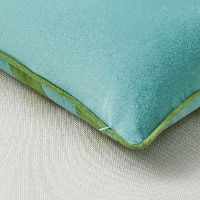 MONDAY MOOSE Decorative Throw Pillow Covers Cushion Cases, Set of 2 Soft Velvet Striped Piping Edge Designs, Pillow Inserts Not Included (Light Green/Light Blue, 22x22 inch)