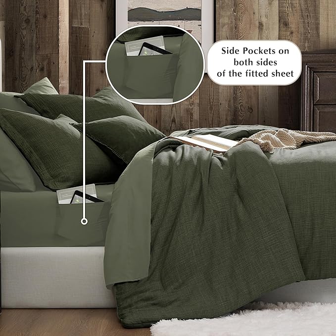 Geniospin California King Comforter Set - 7 Pieces Comforter King Size, Soft Solid Bedding Set for All Season, Textured Bed in a Bag with Sheets, Pillowcases & Shams (Dark Green,108''x92'')