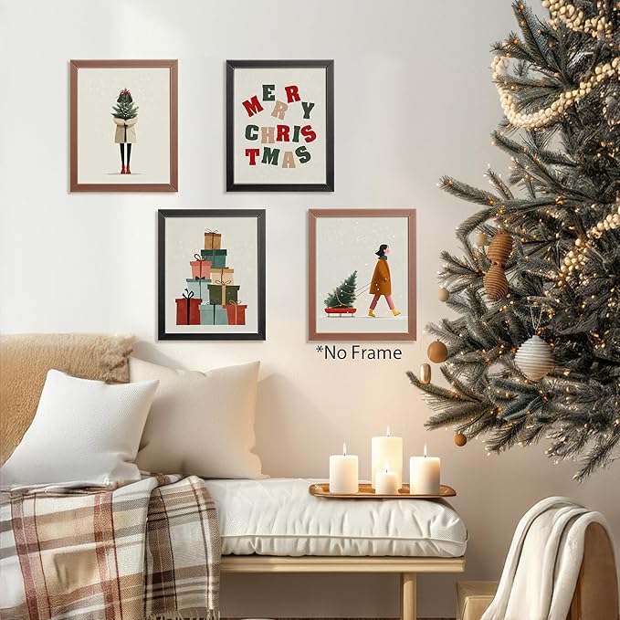 AEHIE Merry Christmas Boho Wall Art Poster Prints for Home Gallery Living Room Bathroom, Minimalist Watercolor Xmas Decor, Xmas Tree Winter Wall Art Unframed 4pcs 8x10inch