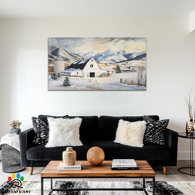 GUTTATY Christmas Winter Farm Canvas Wall Art, Snowy Mountain Scene Canvas Prints, Rustic Barn Painting Pictures for Living Room, Holiday Wall Decor, Country Landscape Poster Artwork, 32x16 Inch