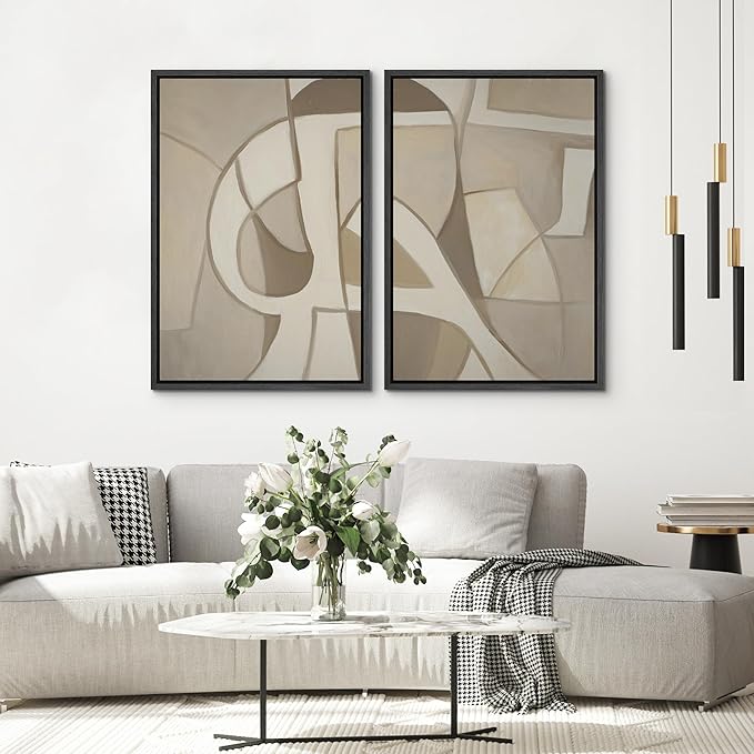 SIGNWIN Framed Canvas Print Wall Art Set Neutral Abstract Geometric Modern Minimalist Beige and Cream Illustrations Minimal Decorative Zen Bohemian for Living Room, Bedroom, Office - 16"x24"x2 Black