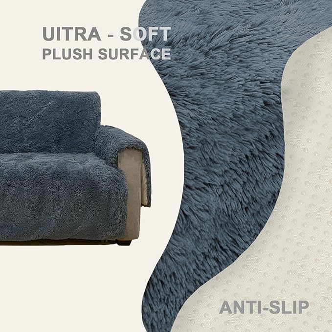 Plush and Fuzzy Shaggy Couch Cover, Dog Pad Faux Fur Sofa Cover, Water Resistant Slipcover, Non-Slip Furniture Protector for Kids,Dogs,Cats.(Noble Gray, Small-XL Chair)