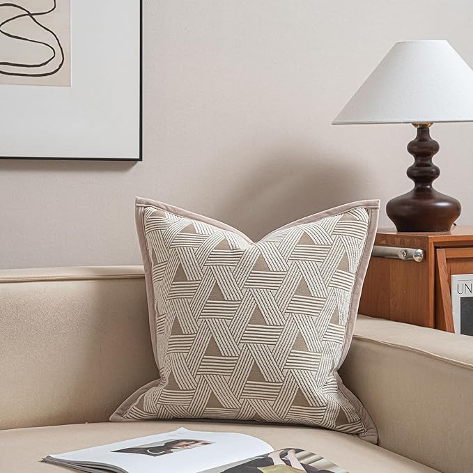2025 New 22x22'' inches Throw Pillow Cushion Covers - Triangle Pattern with Edge Strip Chenille Jacquard Embroidery Luxury Modern Style Couch Sofa Bed Pillow Cover for Living Room Bedroom