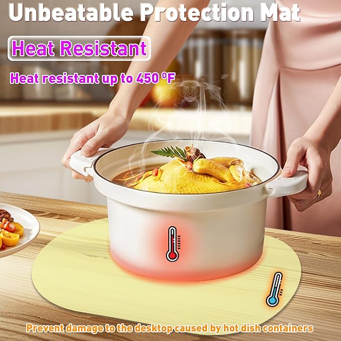 Oval Silicone Placemat Set of 4,Heat Resistant Placemats, Silicone Table Mats,Non-Slip Dining Mat for Home,Waterproof Easy Clean Kids Placemats,17"x12" LSR Translucent (4Pcs, Yellow)