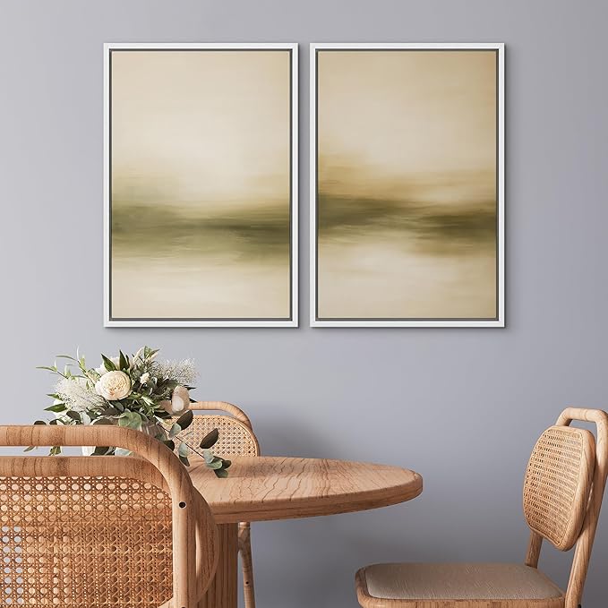 SIGNWIN Framed Canvas Print Wall Art Set Golden Horizon Mist Neutral Beige and Olive Gradient Abstract Landscape Zen Bohemian for Living Room, Bedroom, Office - 16"x24"x2 WHITE