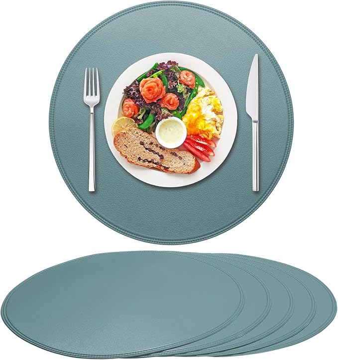 Round Vinyl Blue Placemats Set of 6, Faux Leather Waterproof Wipeable Heat Resistant Place Mats, Washable Table Mats for Halloween, Thanksgiving & Christmas Dinner(Light Blue)