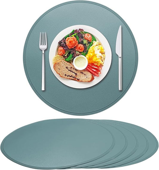 Round Vinyl Blue Placemats Set of 6, Faux Leather Waterproof Wipeable Heat Resistant Place Mats, Washable Table Mats for Halloween, Thanksgiving & Christmas Dinner(Light Blue)