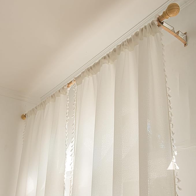 Sutuo Home Boho Curtains 84 Inches Long, Bohemian Linen Style Textured Curtains with Tassels for Living Room, Semi Blackout Farmhouse Drapes, Rod Pocket Window Treatments 2 Panels, 52" x 84", White
