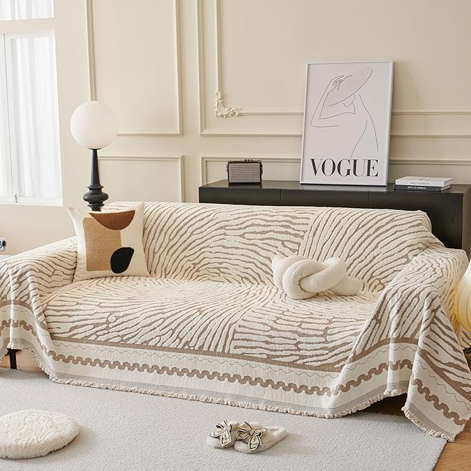 ROOMLIFE Thicked Striped Couch Cover with Tassel Khaki Chenille Sofa Cover Blanket for Sectional Sofa, Soft Sofa Slipcovers for L Shaped Love Seat 2-3 Cushion Couch Anti Slip Sofa Protector, 71"x118"