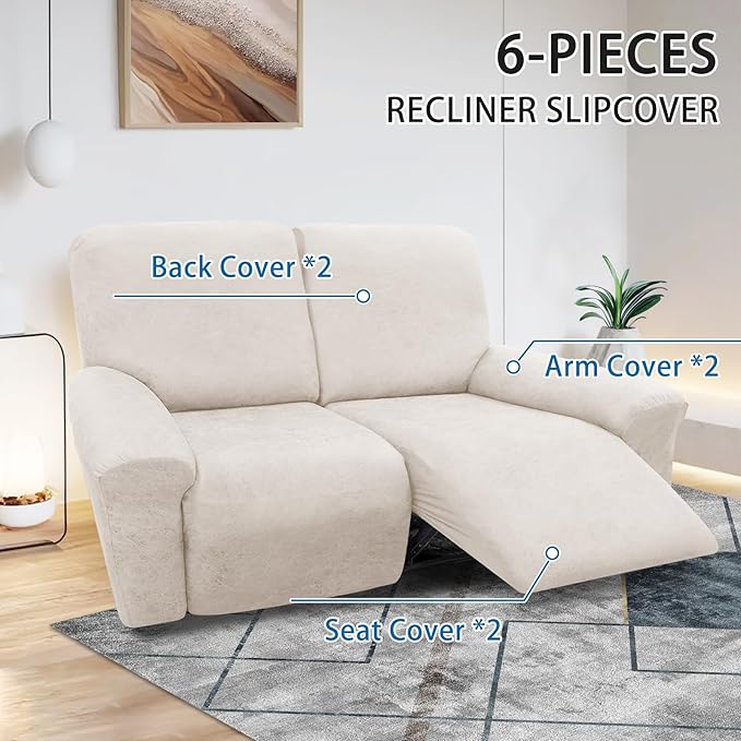 Loveseat Covers 6-Pieces Loveseat Recliner Cover 2 Seater Cover for Reclining Loveseat Cover Leather Look Recliner Slipcovers with Pockets Spandex Furniture Covers(Recliner Loveseat, Beige)
