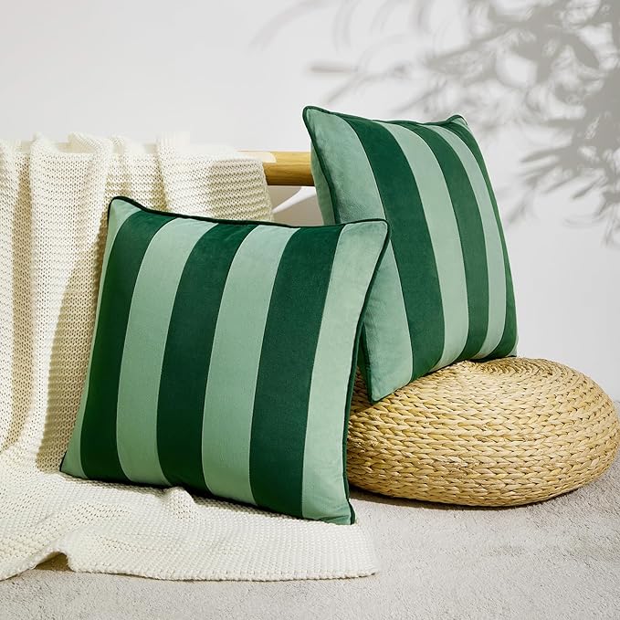 MONDAY MOOSE Decorative Throw Pillow Covers Cushion Cases, Set of 2 Soft Velvet Striped Piping Edge Designs, Pillow Inserts Not Included (Green/Light Green, 20x20 inch)