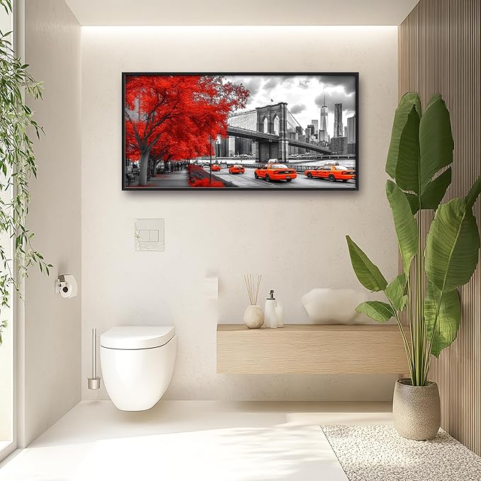 Brooklyn Bridge Large Wall Art Black and White Framed Red Wall Decor for Living Room New York City Pictures Oversized Canvas Print Painting Modern Extra Large Artwork for Bedroom Office 60"x30"
