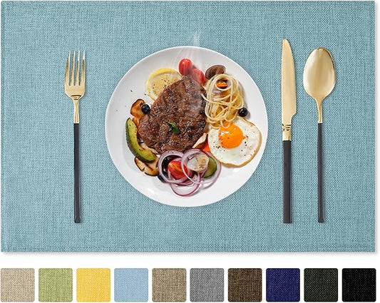 Romanstile Cloth Placemats Set of 6-12 x 18 Inch, Heat Resistant Double Layered Thickened Burlap Place Mats, Washable Linen Farmhouse Table Mats for Kitchen/Dining/Party/Outdoor, Teal