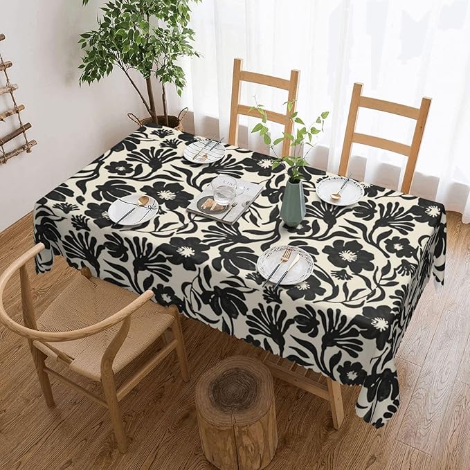 Black Boho Cute Retro Floral Table Cloth for Dining Tables, Vintage Abstract Flower Leaves Rectangle Tablecloths Decoration Home Reusable Table Cover for Kitchen,Holiday,Party, 54x72 Inch