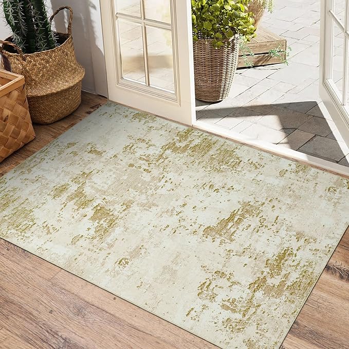 Modern Abstract 2x3 Area Rug Non Slip Non Shedding Low Pile Stain Resistant Rug for Entryway Kitchen Bedroom,Golden Grey