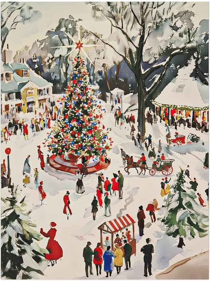 Winter Town Square Wall Art Print: Festive Christmas Scene,Christmas Village Painting,Seasonal Holiday Decor
