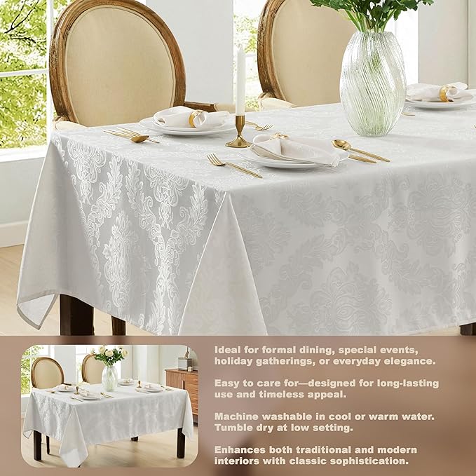 Newbridge Barcelona Luxury Damask Fabric Tablecloth, 100% Polyester, No Iron, Soil Resistant Holiday Tablecloths and Napkins, 60 x 102 inch Rectangle, White