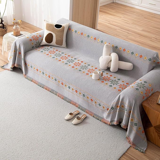 DREAMINGO Couch Protector for 3 Seater Sofa, Boho Grey Sectional Couch Covers for Living Room, Soft Chenille Sofa Slipcover 71x134 Inch -Stain Resistant, Washable