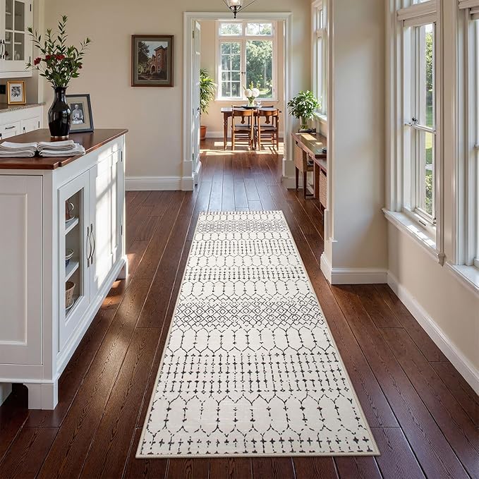 Lahome Moroccan Runners for Hallways 2x8 - Beige Washable Runner Rug Non-Slip Stain Resistant Kitchen Rug Runner, Geometric Print Distressed Soft Untra- Thin Floor Carpet for Bedroom Entryway