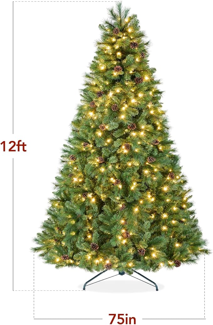 Best Choice Products 12ft Pre-Lit Scotch Pine Christmas Tree, Premium Pre-Decorated Artificial Holiday Decor w/ 3,630 Branch Tips, 2-in-1 White and Multicolor LED Lights, Cordless Setup