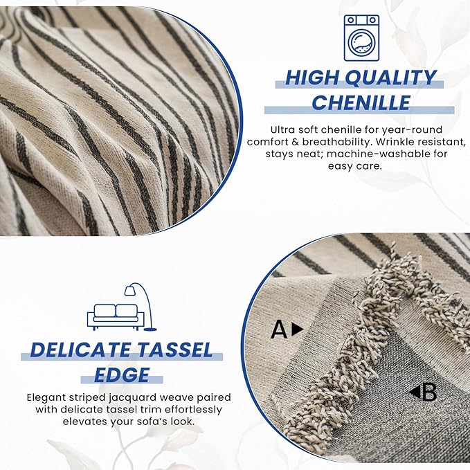 VClife Large Sofa Cover Chenille Couch Cover for 2 Cushion Couch Sofa, Modern Beige Gray Striped Couch Covers for Kids Washable Sectional Sofa Protector with Tassel 71"X118"