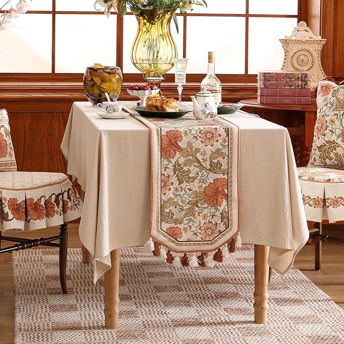 Velvet Fabric Cloth Runner for Table,Rustic Orange Floral 63 Inches Long Table Runners,Decoration Tabletop for Kitchen,Dining Room,Banquet,Thanksgiving,New Year,Holiday,12"*63"