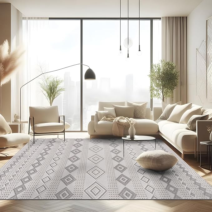 CAMILSON Micro Loop Rug 8x10 Modern Luxury Geometric Moroccan Diamond Area Rugs Soft High - Low Pile Stain Resistant Easy-Cleaning Non-Shedding for Living Room Office Indoor Carpet (8 x 10 White-Gray)