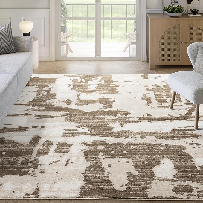 Abani Terra Area Rug for Living Room, Bedroom - Abstract Pattern - Brown Cream - 8' x 10' - Durable & Easy to Clean