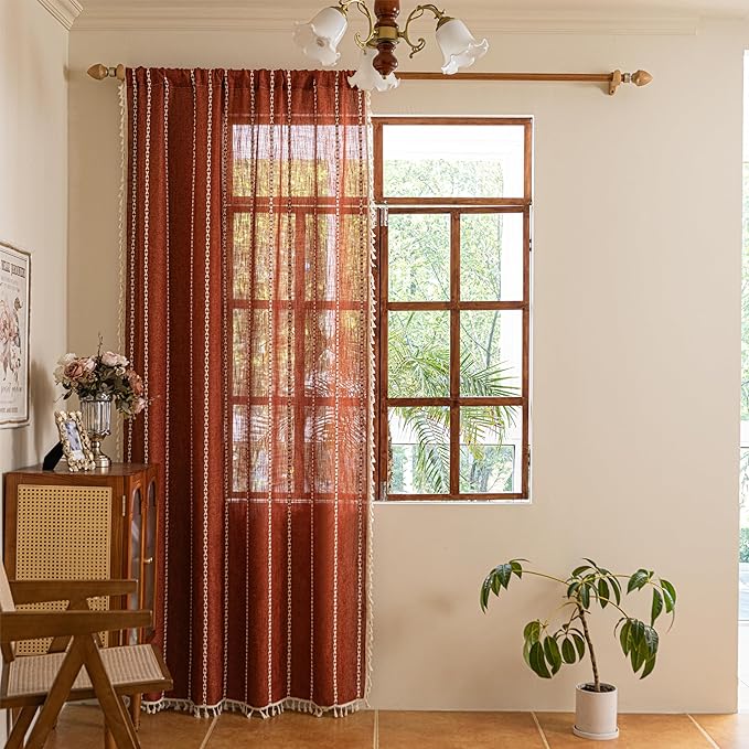 Sutuo Home Boho Linen Curtains for Living Room Dining Room, Farmhouse Light Filtering Privacy Window Treatment Bohemian Embroidery Tassels Long Stripes, Rod Pocket 1 Panel 52" W x 90" L, Terracotta