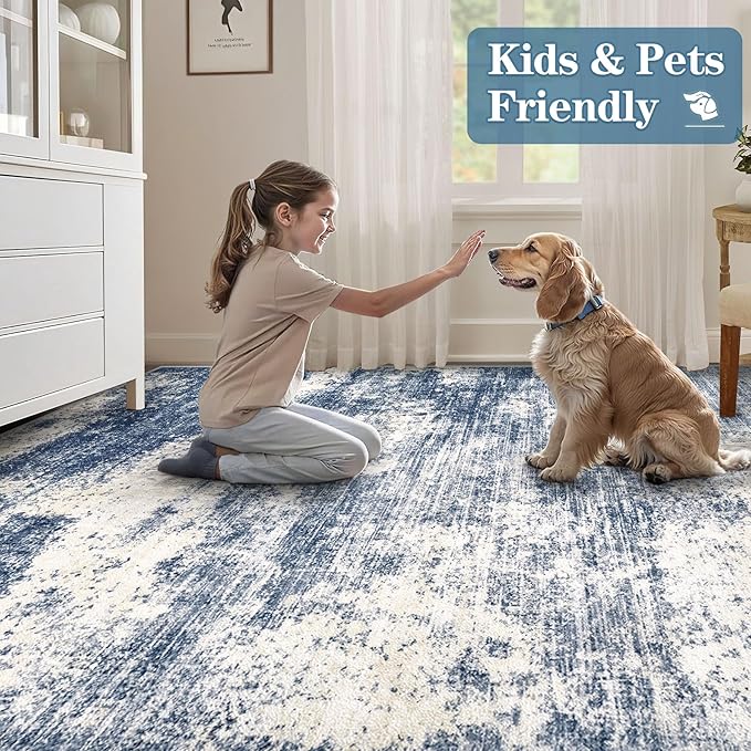 9x12 Area Rugs for Living Room: Washable Modern Abstract Rug Large Soft Non Slip Living Room Rug Indoor Low Pile Carpet for Bedroom Dining Room Home - Blue