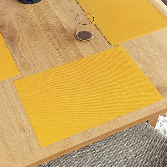 Encasa XO Dining Placemat Set of 6 | Solid Yellow Color | Fine Ribbed Cotton Table mat | Size 19x13 in |for Dining Table Fall Decoration, Holiday & Christmas Festivals - Machine Washable