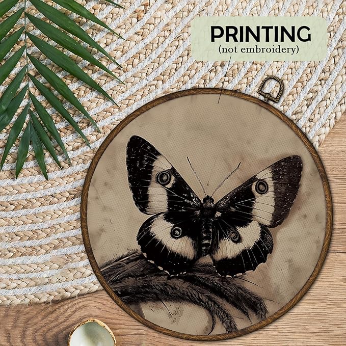 cvjutf Vintage Moody Butterfly Wall Art Decor Framed, Dark Academia Moth Antique Round Wall Decor, Rustic Cottagecore Butterfly Canvas Prints Art for Farmhouse Bedroom Living Room Gallery, 10x10 Inch