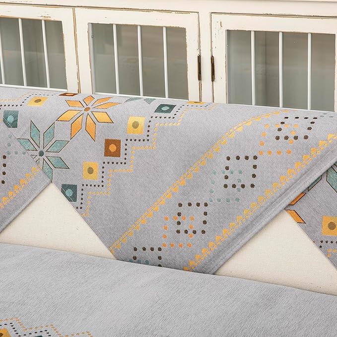 Boho Chenille Couch Covers,Geometric Couch Covers for Sofa,Chenille Couch Cover Non Slip,Sectional l Shaped Sofa Furniture Protector Cover for Home Decor,Gray_2 Seat 35x70in/90x180cm
