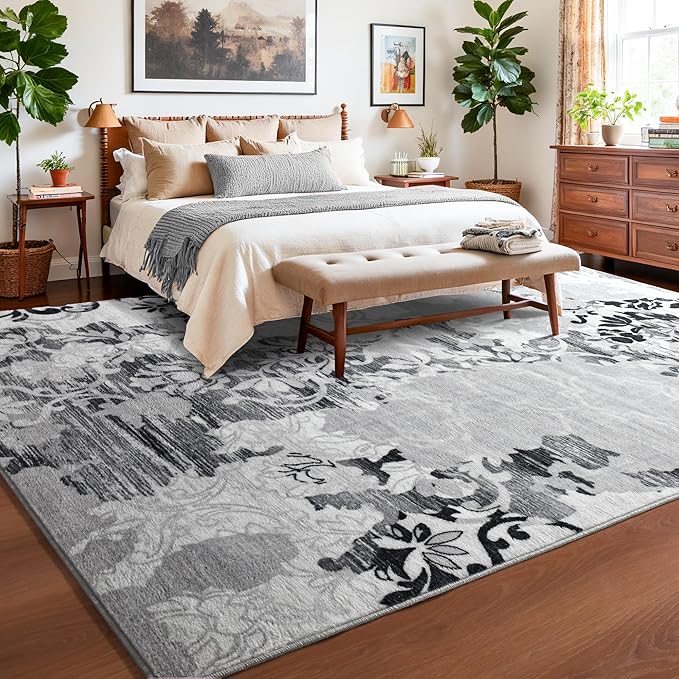 Keeko 5x7 Area Rugs for Living Room, Modern Abstract Floral Pattern Rugs for Bedroom, Soft Washable Rug with Non-Slip Backing Low-Pile Non-Shedding Carpet for Kitchen Home Office Dining Table - Grey
