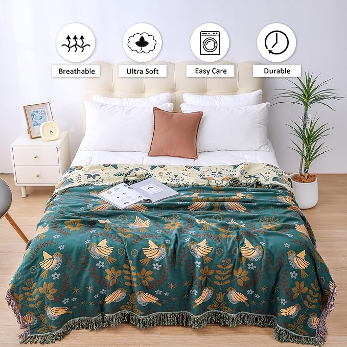 Boho Throw Blanket, 100% Organic Cotton Breathable Ultra Soft 50" x 60" Bed Quilt Throw - Floral Rustic Bird Farmhouse Decor Luxury Reversible Blanket for Sofa Couch Chair and Gift,Teal/Beige