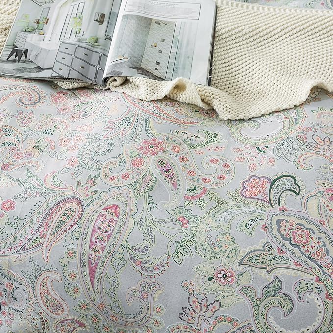 HoneiLife Wildflower Duvet Cover Queen - 100% Cotton Comforter Cover Sets, 3-PC Comfortable Floral Duvet Cover Sets,Soft & Breathable Duvet Cover with Zipper Closure & Corner Ties, Paisley
