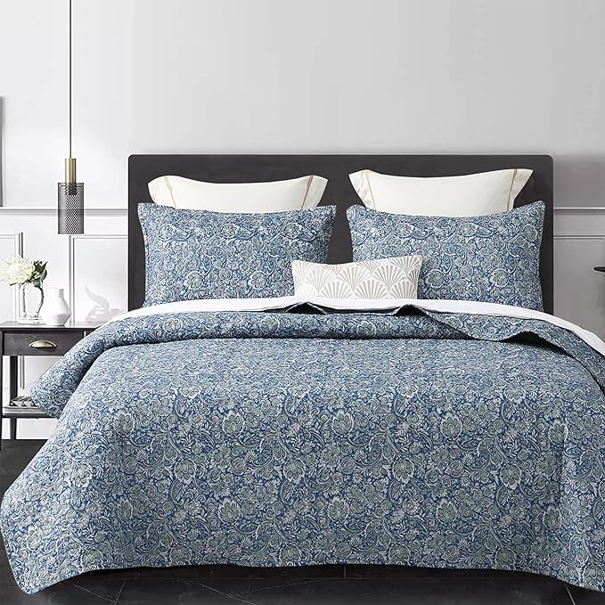 DURLENGEN Floral Quilt Set Twin Size 2Pcs, Blue & Green Paisley Floral Pattern All Season Lightweight Bedspread Coverlet Sets(Twin 68x86, Paisley Blue)