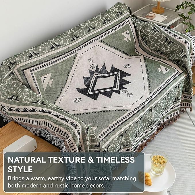 VClife Boho Sofa Cover XL Couch Cover for 3 Cushion Couch Sofa Sage Green Geometry Loveseat Cover for Dog Cotton Linen Furniture Protector Cover with Tassel Non-Slip Sectional Sofa Slipcover 71X134