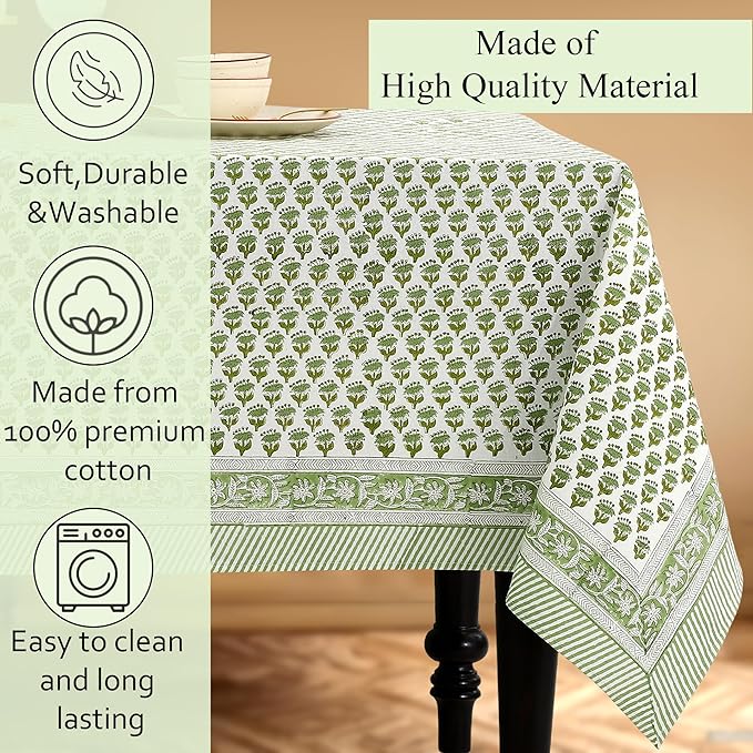 CPC Tablecloth 100% Cotton 72x160 Inch Indian Block Print Rectangle Table Cover, Green Table Cloth for Weddings, Spring/Summer, Barbeque - Emerald Green