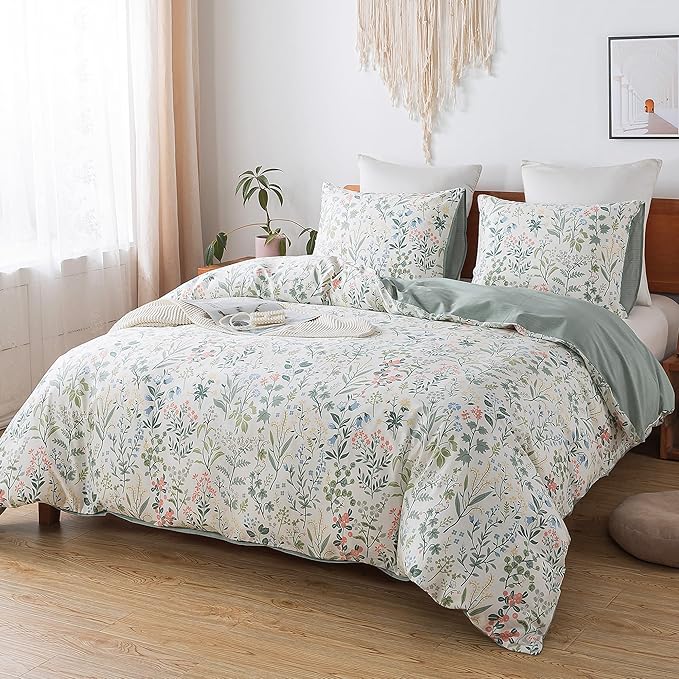 HoneiLife King Size 100% Cotton Floral Breathable Duvet Cover with Zipper Closure & Corner Ties,3pcs Wildflower Comforter Cover Sets- Fragrant Grass